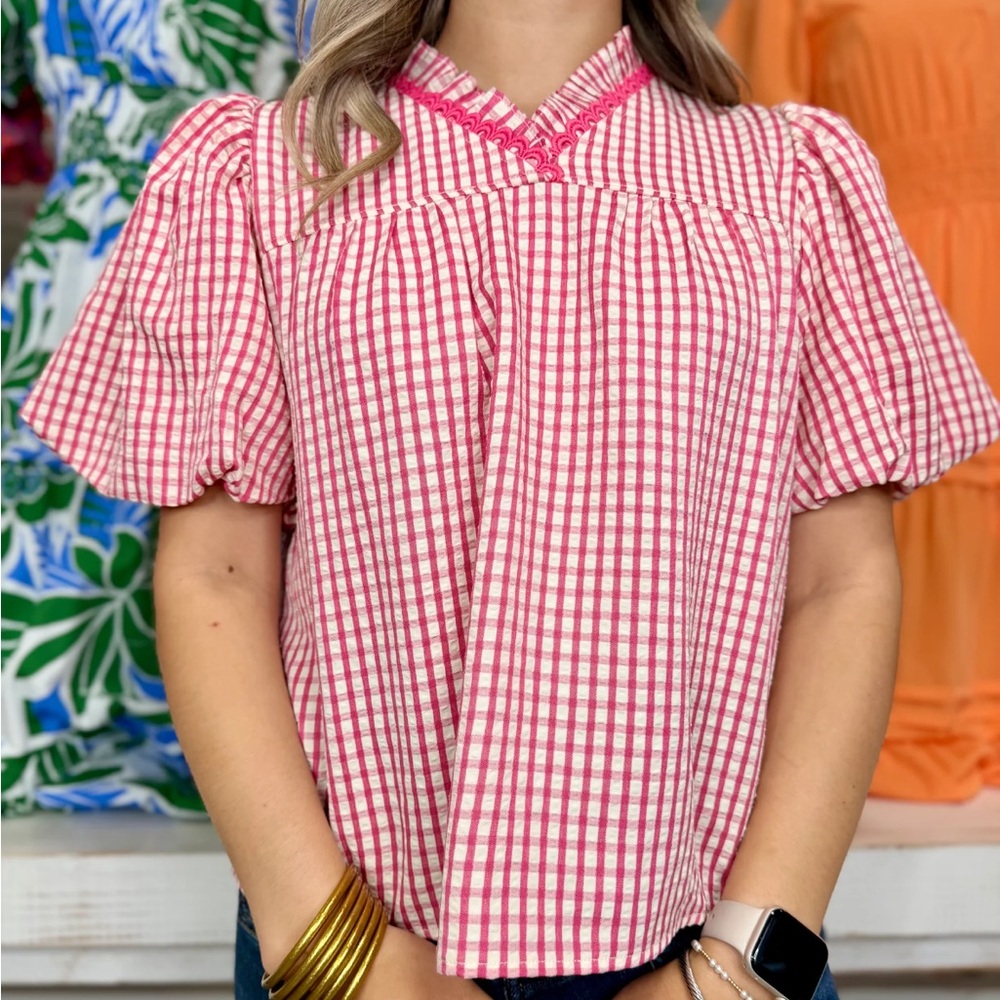 Pink Checked Puff Sleeve Women's Top